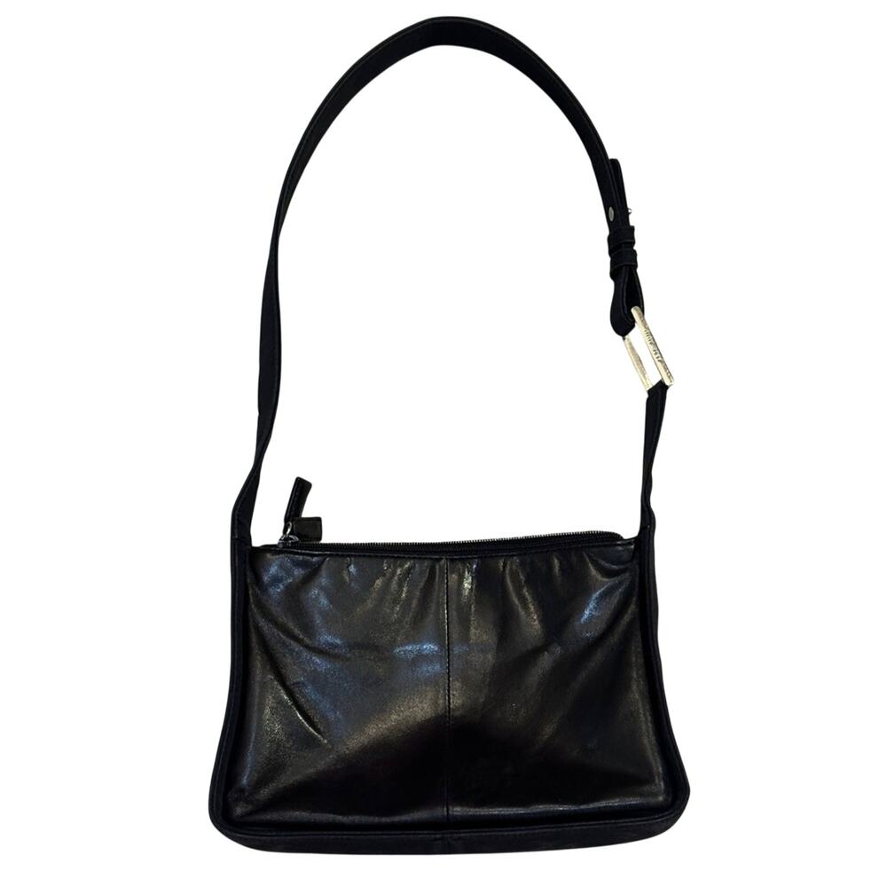 Vintage 90s Nine West Genuine Leather Black Shoulder Bag Silver Nylon